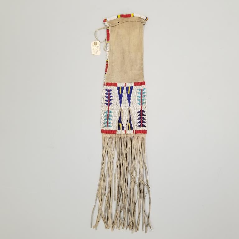 Sioux geometric pattern beaded pipe bag- 32"H 7"W including fringe with beadwork on both sides (1 of 12)
