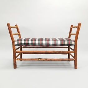 Old Hickory wood bench with plaid wool flannel seat- signed with tag- 29"H 45"W 20"D