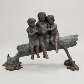 Large heavy bronze figural garden sculpture signed (illegibly) 3 kids on a log with bird- 38"H 51"L