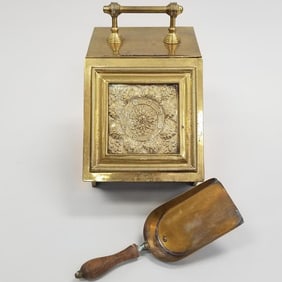 Antique Victorian brass coal scuttle with shovel- 16"H 10 1/4"W 16"D