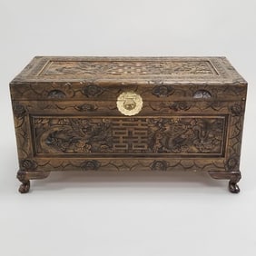 Asian carved wood trunk with dragon motif- 18 3/4"H 35"W 17 1/2"D