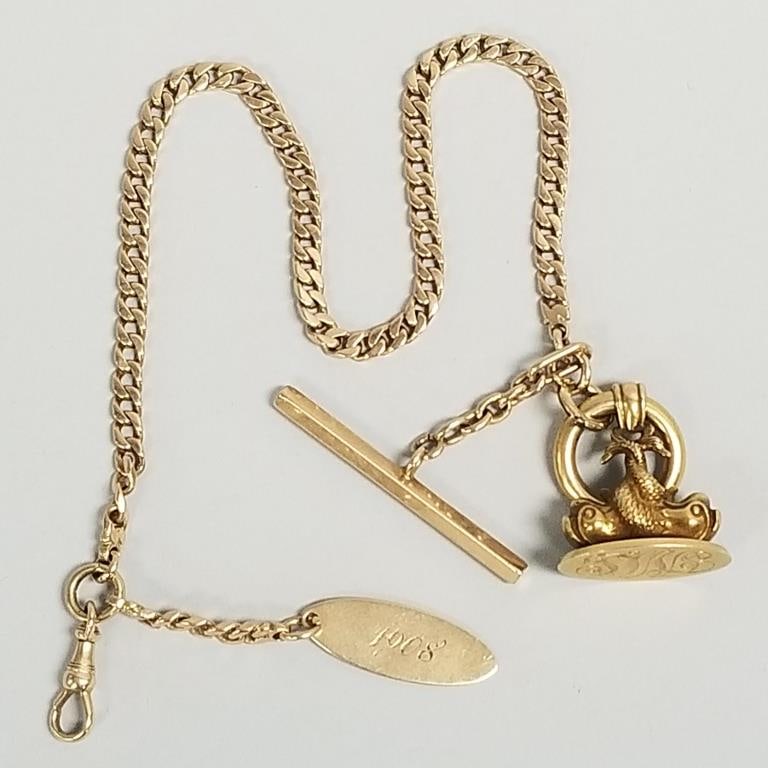 14k gold watch chain with 14k dolphin fob: 12"L chain, 31.6 grams total: 14k gold watch chain with 14k dolphin fob: 12"L chain, 31.6 grams total