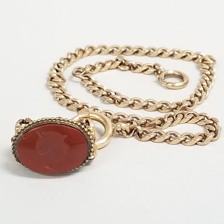 Antique Victorian 10k gold watch chain with gold filled intaglio fob: 15.2 grams chain only, 12: Antique Victorian 10k gold watch chain with gold filled intaglio fob: 15.2 grams chain only, 12 1/2"L (chain unmarked tested 10k)
