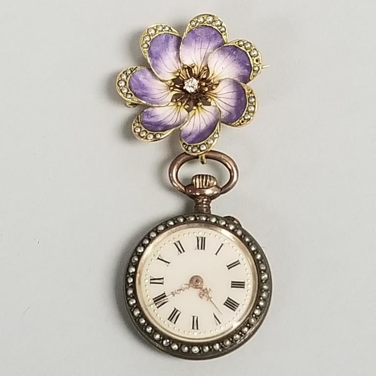 14k gold, enameled pansy watch holder pin: s/w diamond with a Swiss ladies 800 silver watch: 6.0 (1 of 14)