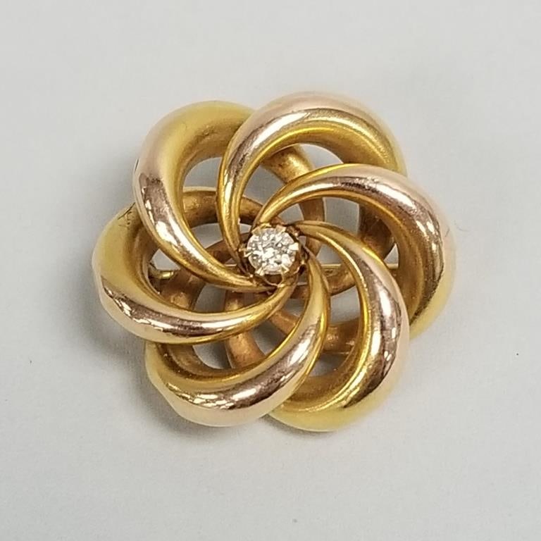 10k gold & diamond swirl pin: 4.0 grams, 7/8" diameter, approx 3mm diamond: 10k gold & diamond swirl pin: 4.0 grams, 7/8" diameter, approx 3mm diamond