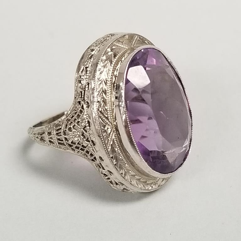 14k white gold filigree ring s/w large amethyst: 6.3 grams, size 5 3/4, 12x17.5mm stone (unmarked (1 of 9)