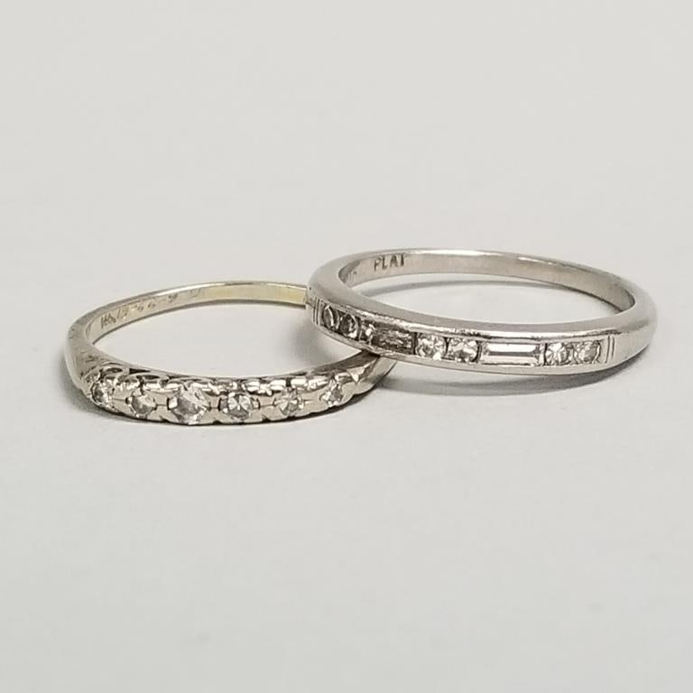 One platinum & one 14k white gold wedding bands s/w diamonds: 4.4 grams total, size 5 1/2 & 6: One platinum & one 14k white gold wedding bands s/w diamonds: 4.4 grams total, size 5 1/2 & 6