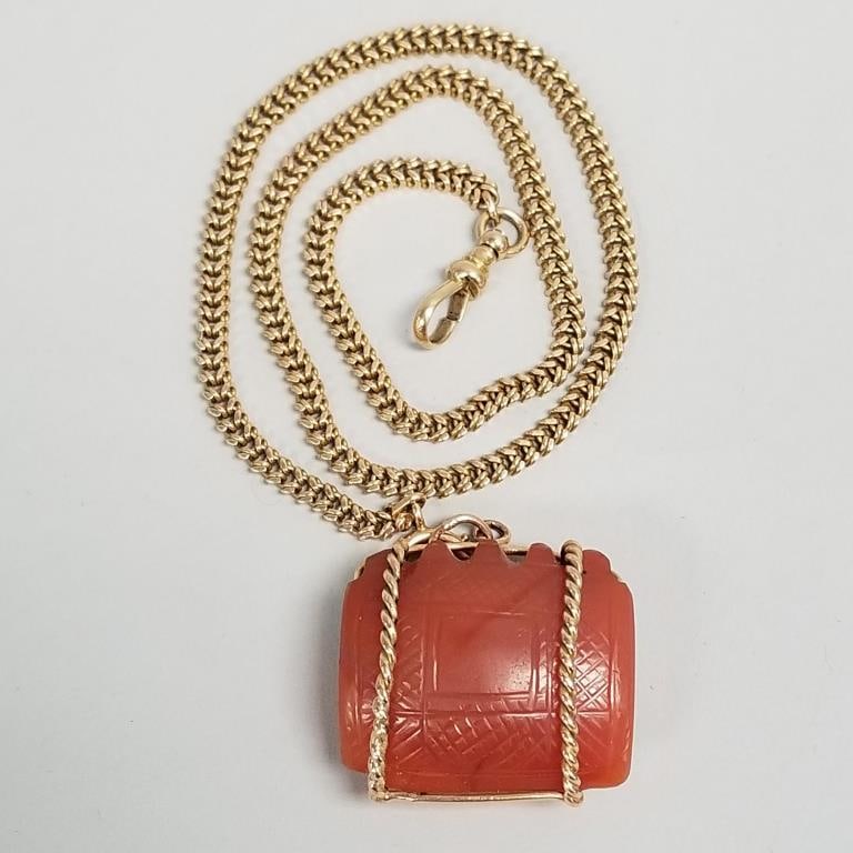 14k gold watch chain w/ hardstone fob (14k mount): 19.4 grams chain only, 16 1/2"L chain, 1 1/4"L: 14k gold watch chain w/ hardstone fob (14k mount): 19.4 grams chain only, 16 1/2"L chain, 1 1/4"L stone (chipped stone)