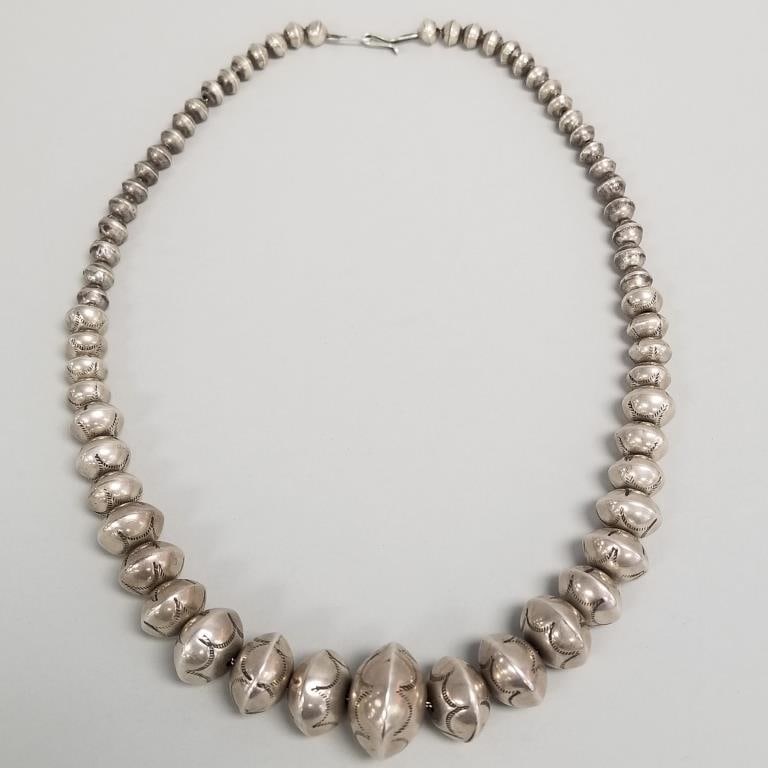 Southwest silver bench bead necklace: 71.0 grams, 23"L, 1" largest bead: Southwest silver bench bead necklace: 71.0 grams, 23"L, 1" largest bead