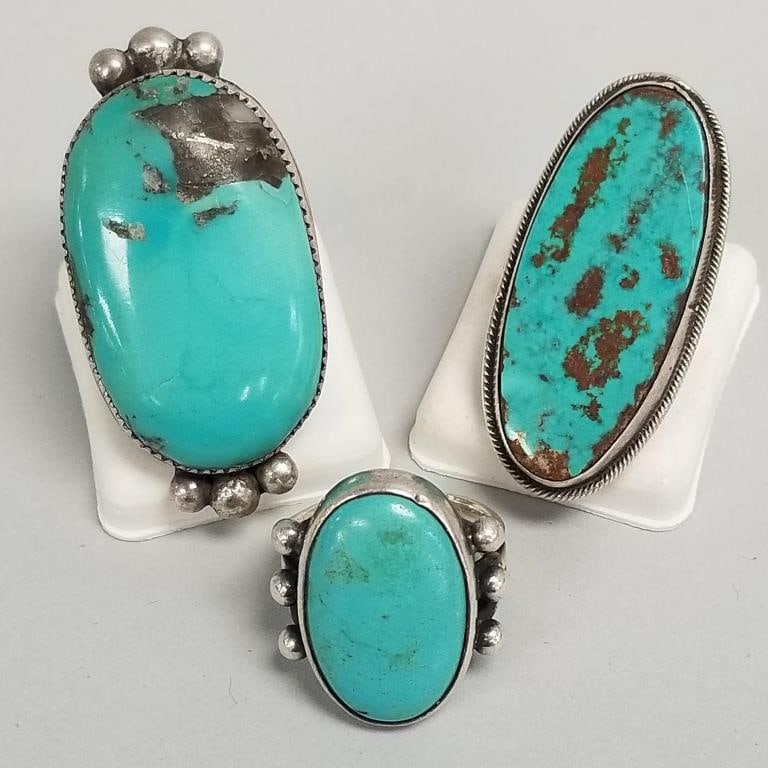 3 Southwest silver & turquoise rings: 51.3g total, sizes 5, 7, 10; 2" longest (1 of 19)
