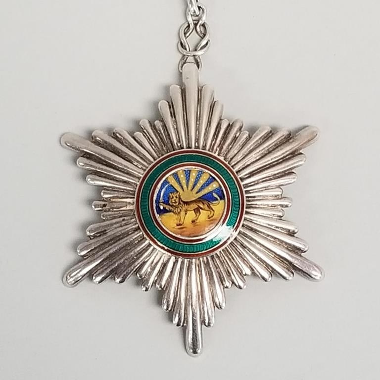 Silver & enamel Arthus Bertrand Paris lion & sun motif Persian badge: 52.0 grams, 2 3/4"W, 4 3/4": Silver & enamel Arthus Bertrand Paris lion & sun motif Persian badge: 52.0 grams, 2 3/4"W, 4 3/4" total length