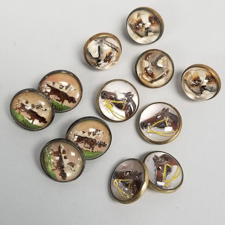 Group vintage reverse intaglio cufflinks & buttons w/ dog & horse motif (1 of 14)
