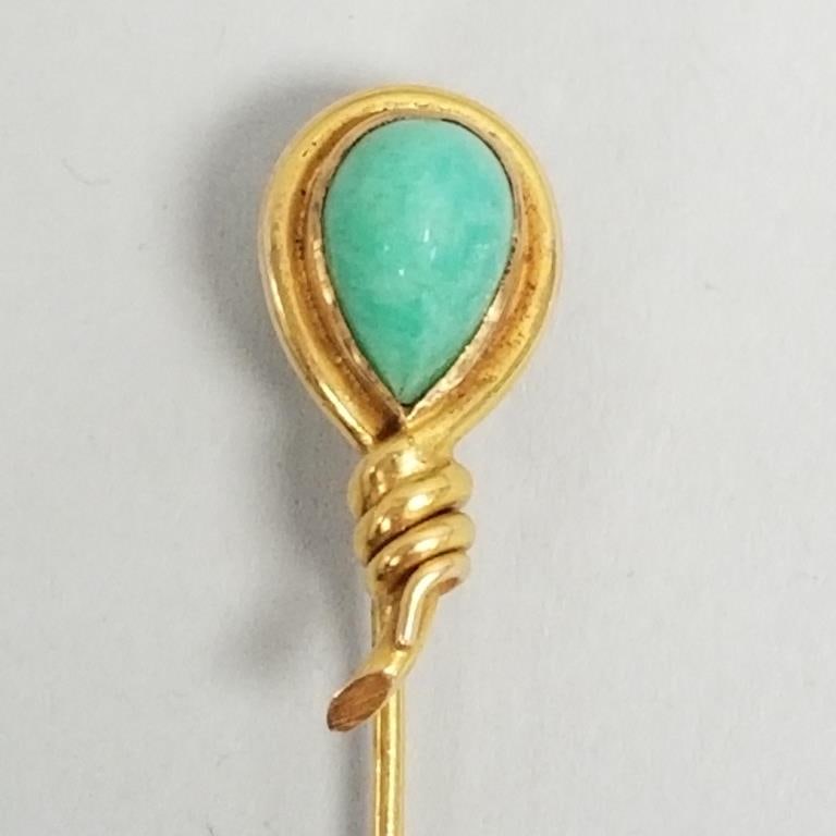 14k gold & jade stick pin- 2.4g, 2 1/4"L - (marked 18k, tests as 14k): 14k gold & jade stick pin- 2.4g, 2 1/4"L - (marked 18k, tests as 14k)
