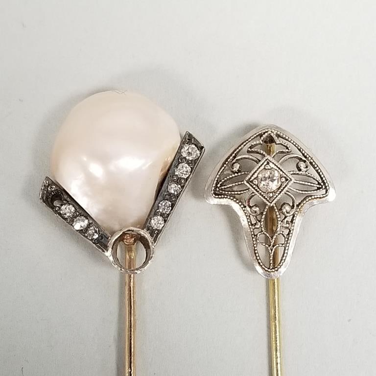 2 antique diamond stick pins: one 14k & one 14k w/ pearl & diamonds set in sterling silver (missing (1 of 16)
