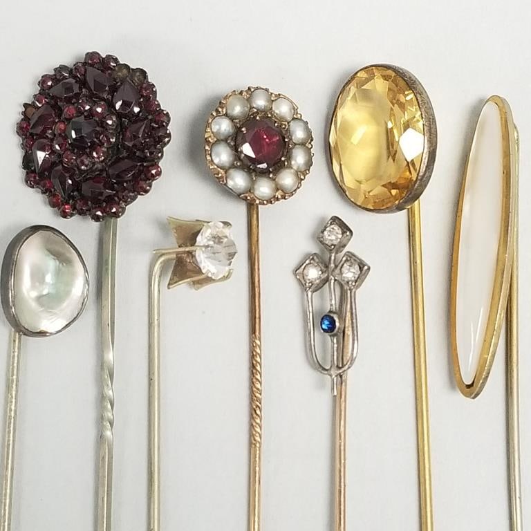 7 vintage stick pins s/w stones, pearls, etc incl citrine, garnets (missing some stones) 3" longest (1 of 19)