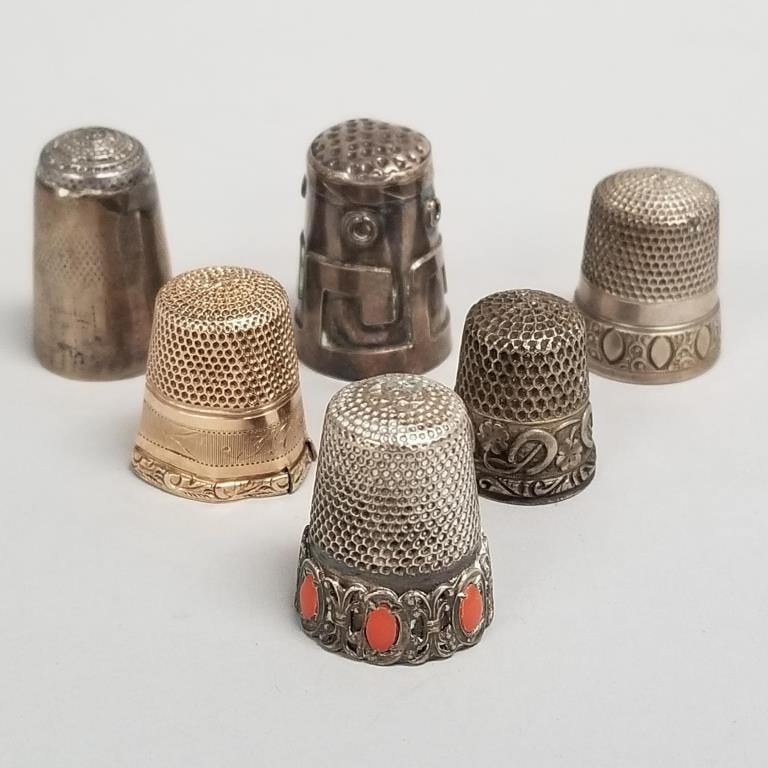 6 thimbles: one 14k gold & five silver- 3.1g gold, (gold unmarked tested 14K; as seen, dents, etc) (1 of 14)