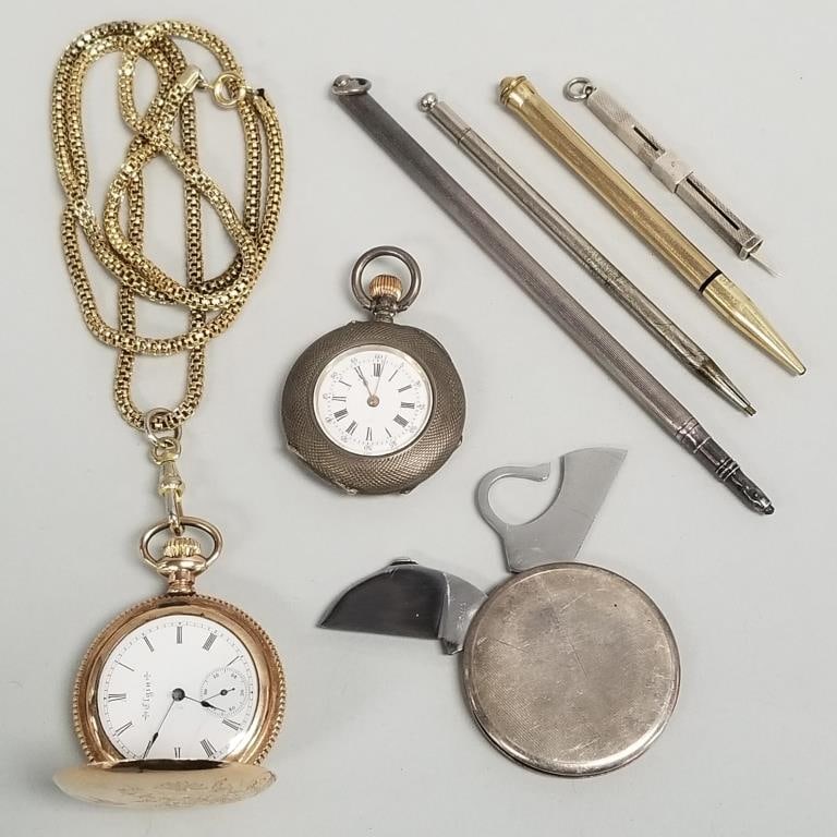 Group incl 2 pocket watches, sterling silver round cased knife & 4 mechanical pencils, some silver & (1 of 20)