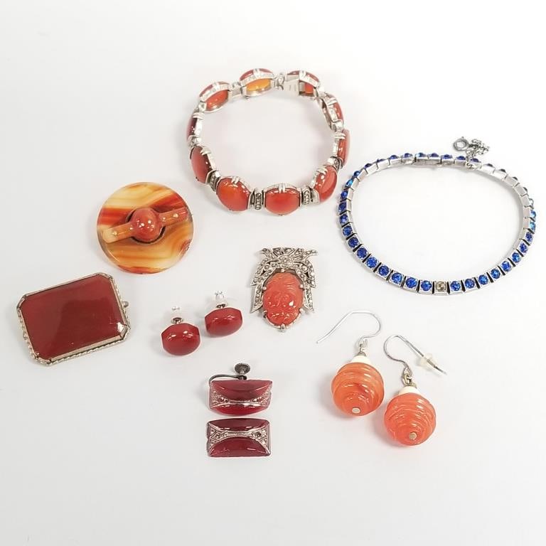 Group vintage carnelian, etc jewelry incl some sterling silver (some as is) (1 of 18)