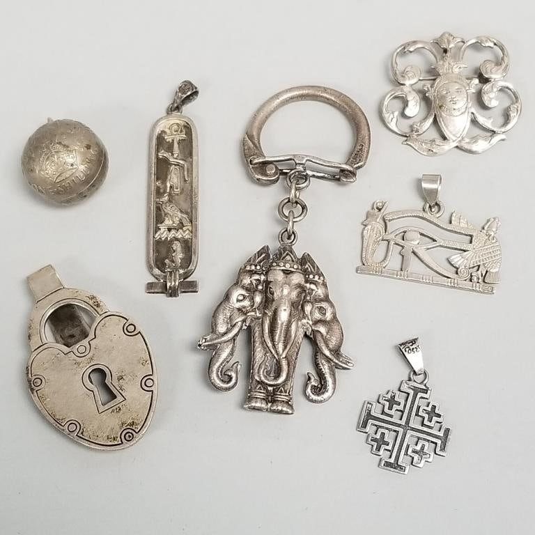 7 silver pendants, etc some marked sterling silver incl Egyptian- 54g total (1 of 20)