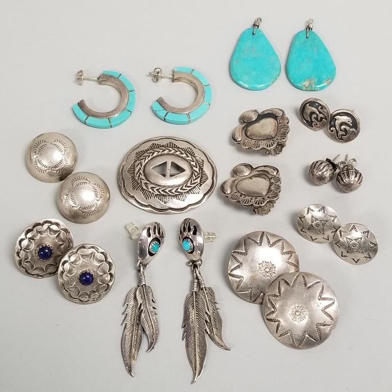 Group Southwest, etc silver jewelry mostly earrings, some s/w turquoise, etc- 68g total, 2" longest (1 of 20)