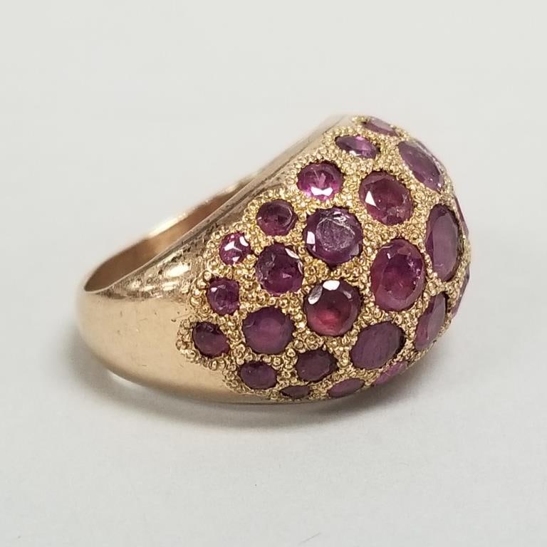 14k gold dome ring s/w rubies- 10.1g, sz 5 1/2, (unmarked tested 14k; some stones worn, chipped) (1 of 6)