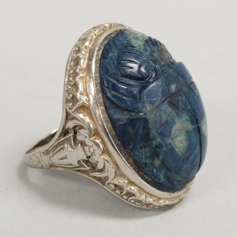 Vintage 14k white gold & sodalite scarab ring- 7.6g, sz 5 (unmarked tested 14k): Vintage 14k white gold & sodalite scarab ring- 7.6g, sz 5 (unmarked tested 14k)