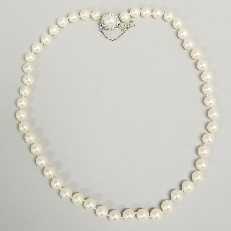 7mm cultured pearl necklace w/ 14k white gold & diamond clasp- 16 1/2"L (1 of 8)