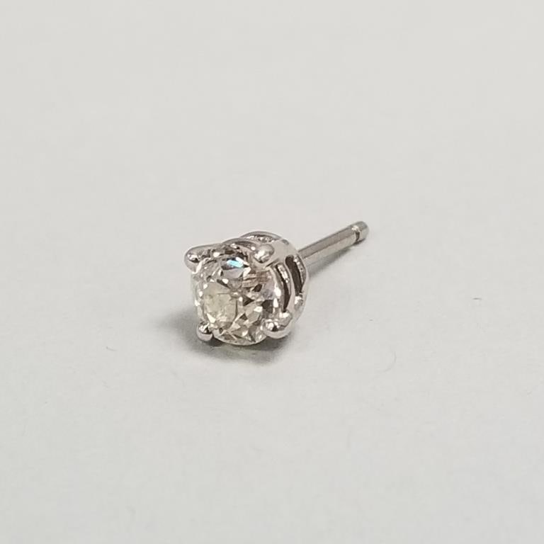 Approx .50 ct single Euro cut natural diamond stud earring set in 14k white gold- 1.9g total: Approx .50 ct single Euro cut natural diamond stud earring set in 14k white gold- 1.9g total (unmarked tested 14k, diamond measures 5mm, as seen crack, edge chip)