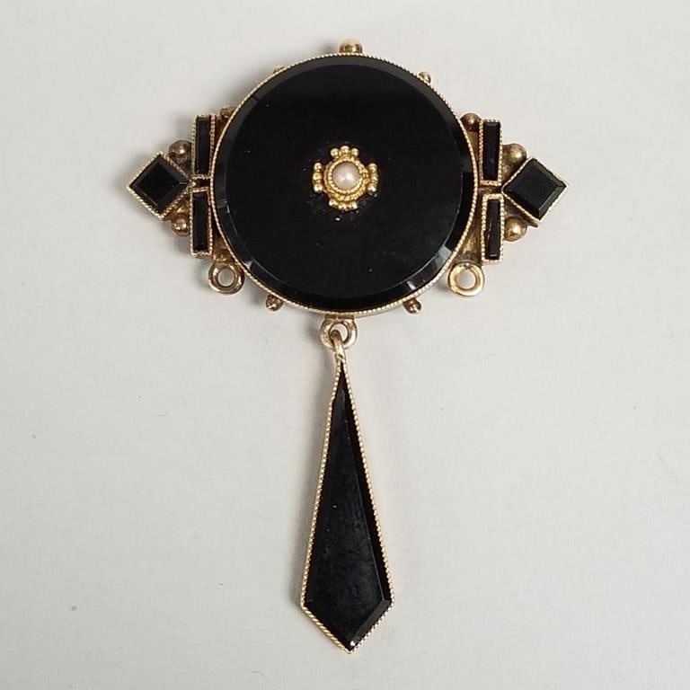 Antique 10k gold & onyx brooch- 8.2g, 2", (unmarked tested 10k, as seen lacking two dangles): Antique 10k gold & onyx brooch- 8.2g, 2", (unmarked tested 10k, as seen lacking two dangles)