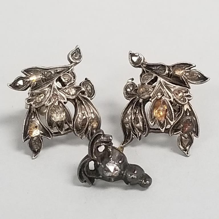 2 pcs diamond & silver antique jewelry: one pair earrings & single button- 7/8"L earrings: 2 pcs diamond & silver antique jewelry: one pair earrings & single button- 7/8"L earrings repurposed, diamonds assorted colors