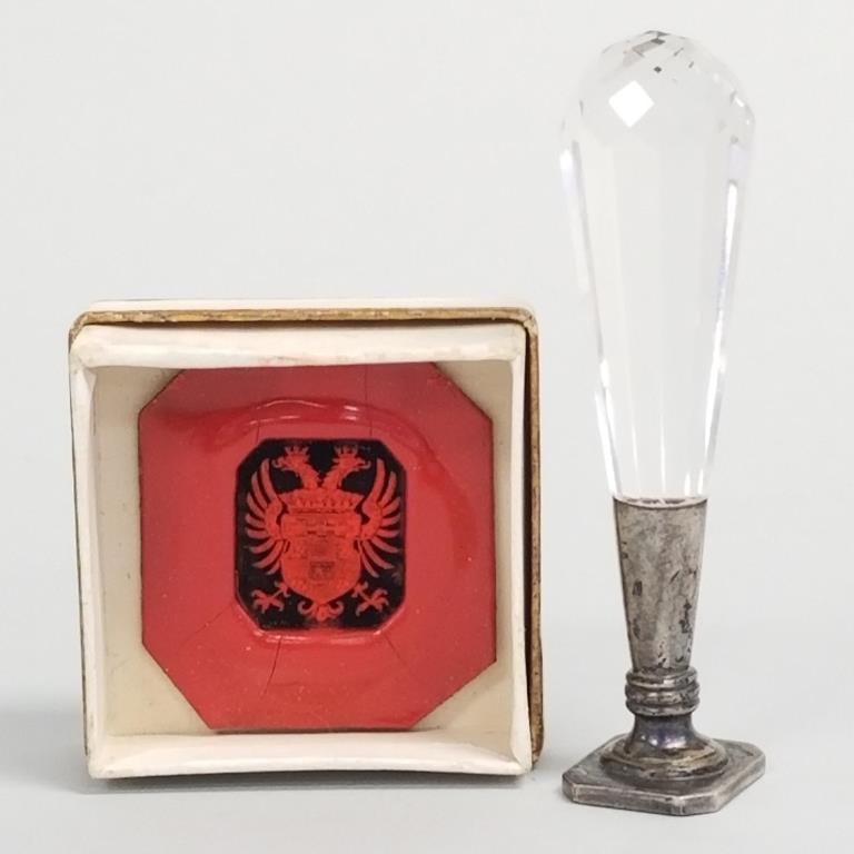 Rock crystal & silver Pallavicini (nobility) seal w/ wax impression in box- 2 1/2"L: Rock crystal & silver Pallavicini (nobility) seal w/ wax impression in box- 2 1/2"L