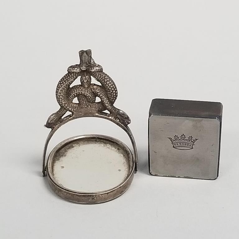 2 Pallavicini (nobility) items: 2" snake motif silver swivel fob & small crown engraving block- (fob (1 of 11)