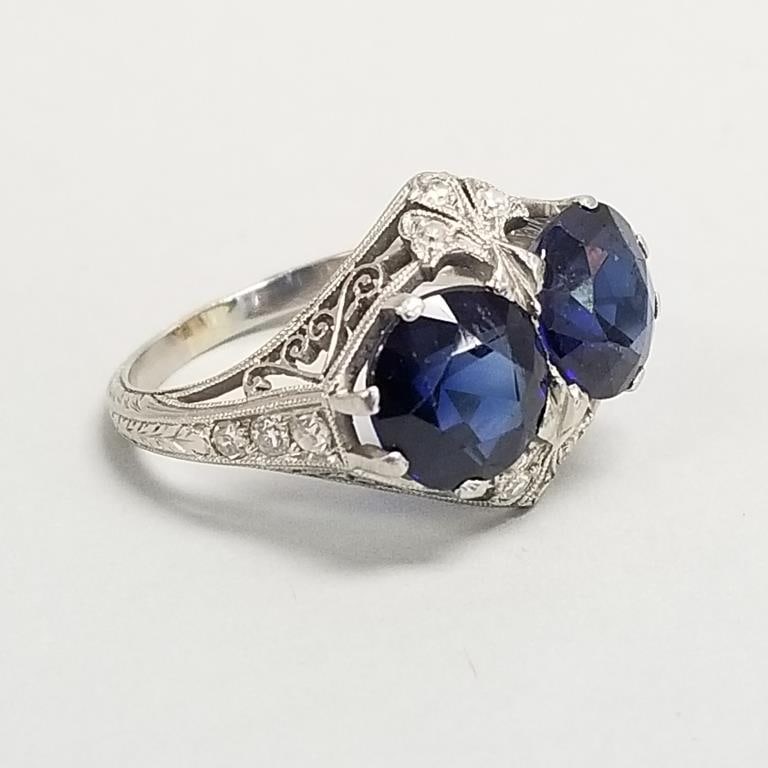 Vintage 14K white gold filigree ring set with 2 large synthetic sapphires & diamonds- 5.6g, size 7 (1 of 10)