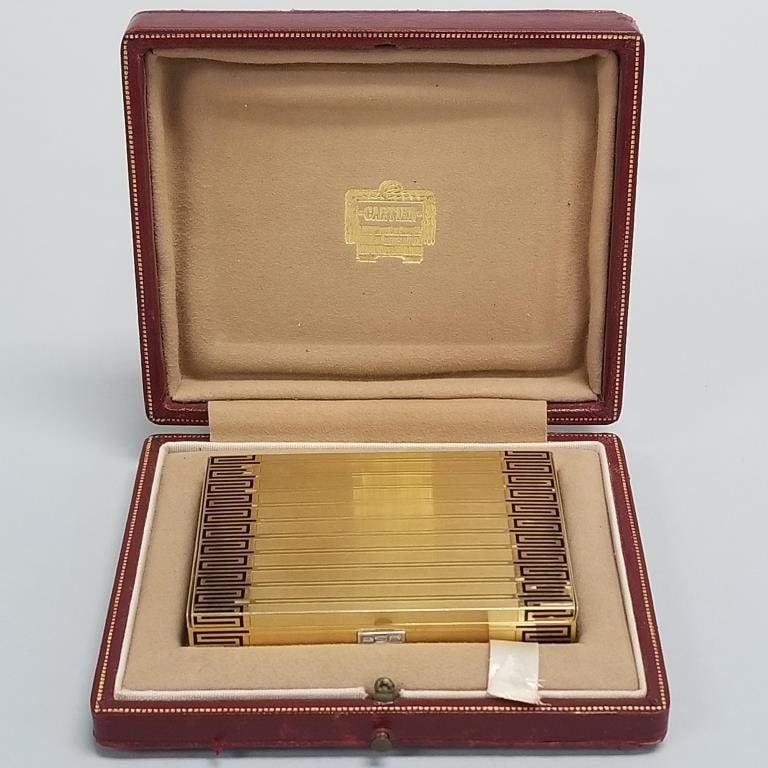 Cartier London 18k gold, enamel & diamond compact- 102.3g, dated 1938 engraved dedication/ possible: Cartier London 18k gold, enamel & diamond compact- 102.3g, dated 1938 engraved dedication/ possible Duke of Alba provenance- w/ Cartier leather fitted box- compact 9/16"H 3"W 2 1/4"D, box 1 1/8"H 4 12