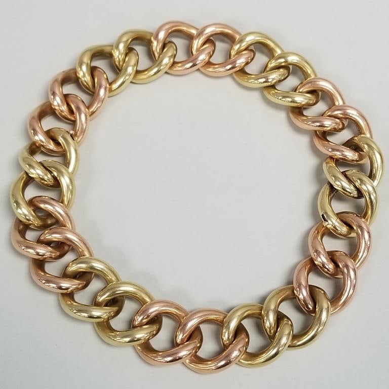 Cartier 14k gold convertible necklace/ bracelets- 142g, bracelets measure 8 1/2" each, yellow & rose: Cartier 14k gold convertible necklace/ bracelets- 142g, bracelets measure 8 1/2" each, yellow & rose gold hollow links 1" x 1 1/8" each, S# 3022 w/ photocopy of appraisal