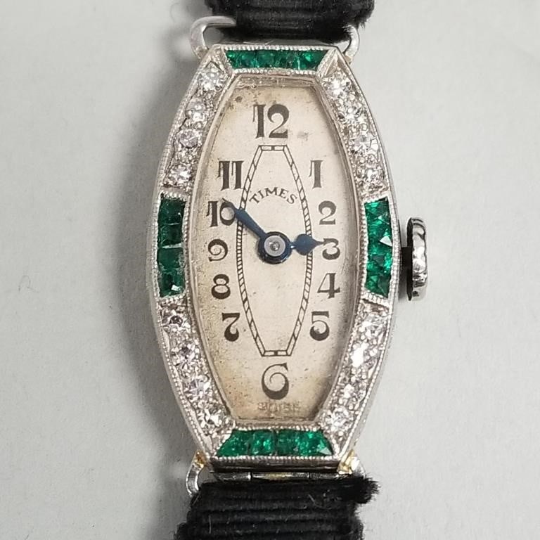 Deco platinum, diamond & emerald watch "Times" Swiss 15j w/ 18k white gold clasp- 11.2g incl (1 of 16)