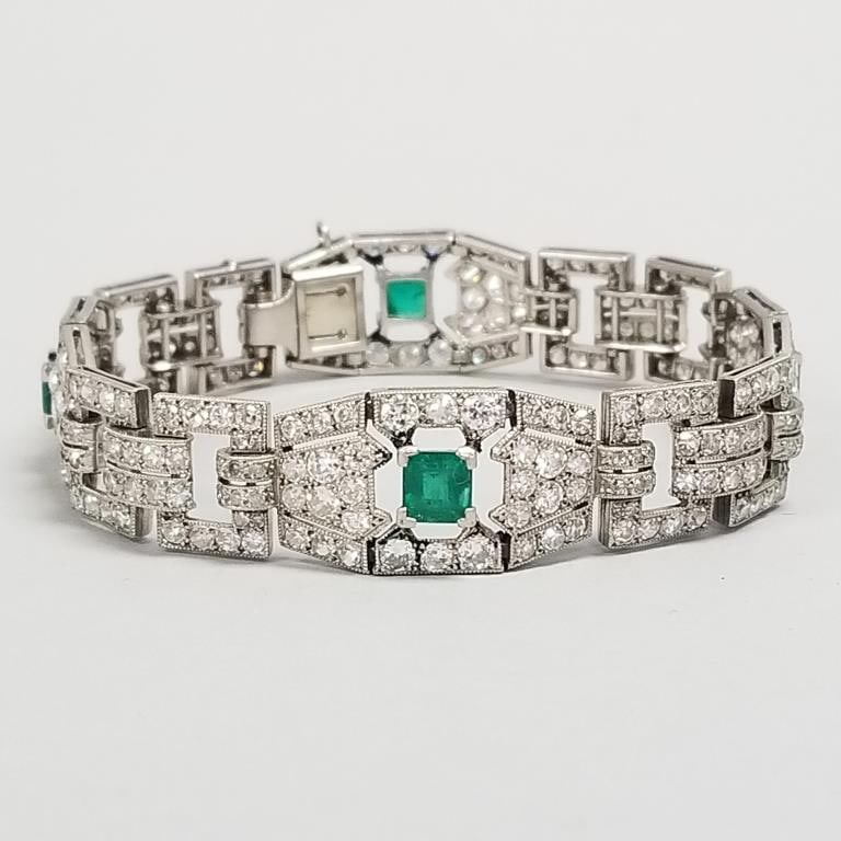Vintage platinum diamond & emerald bracelet: 4 natural emeralds approx 2.45 tcw, 308 diamonds approx (1 of 14)