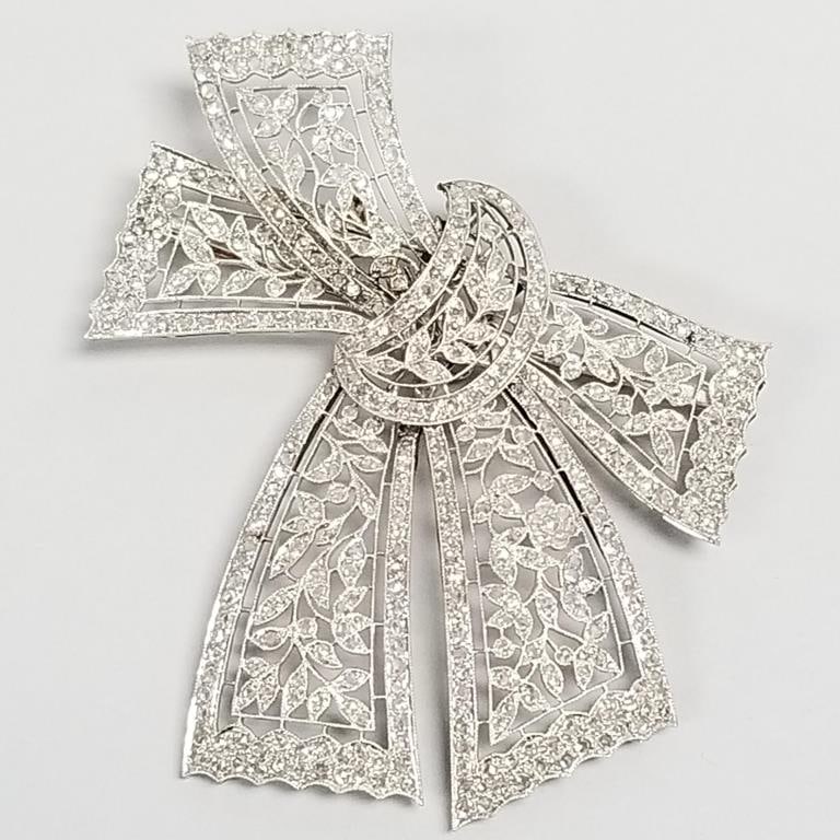 Approx 4.5 tcw natural diamond, platinum & 18k gold pin/ pendant- filigree bow design: 42.1 grams, (1 of 13)