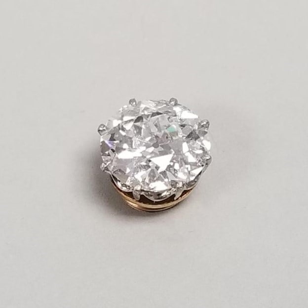 4.74 ct natural diamond set in platinum crown prongs & 18k gold threaded base (cane top? from: 4.74 ct natural diamond set in platinum crown prongs & 18k gold threaded base (cane top? from Pallavicini decent): 3.4 grams, euro cut, E/ VS2, 11.4mm (unmarked tested platinum & 18k) w/ photocopy of