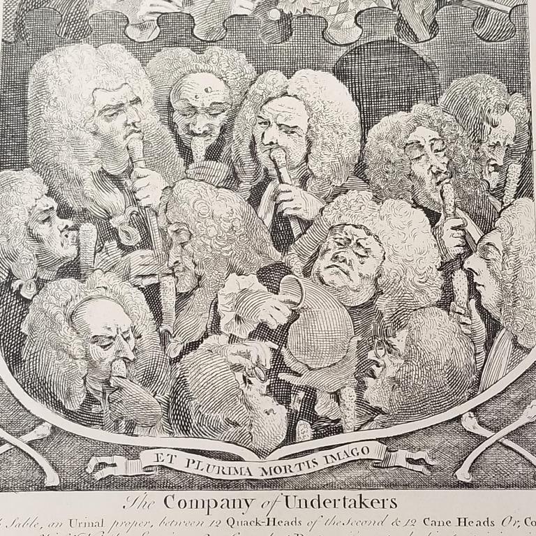 W. Hogarth 18th century framed engraving "The Company of Undertakers" (frame & corner damages) 18: W. Hogarth 18th century framed engraving "The Company of Undertakers" (frame & corner damages) 18 1/4"H 15 1/4"W