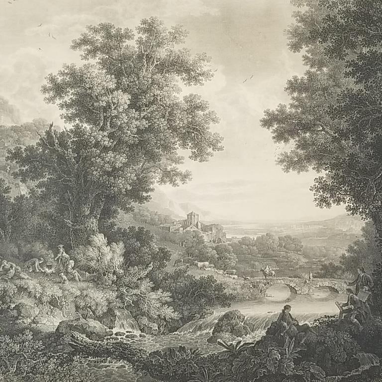 Antique J. Boydell framed engraving pastoral landscape with figures (as seen- loss to margin) 28"H (1 of 15)