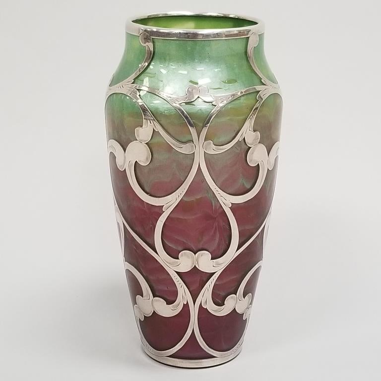 Loetz silver overlay Titania iridescent glass vase 8 3/4"H 4 1/2"W (1 of 12)