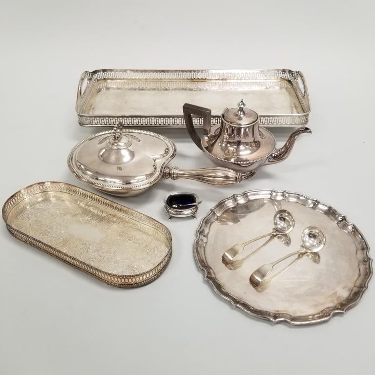 8 pieces antique, etc. silverplate incl Sheffield plate- 22" tray largest; 12" round tray widest (1 of 20)