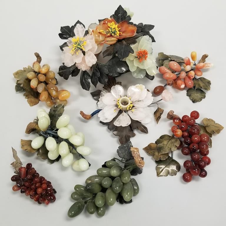 8 carved stone items incl jade & carnelian floral centerpiece, carnelian grapes, etc.- 5 1/2"H 12"W: 8 carved stone items incl jade & carnelian floral centerpiece, carnelian grapes, etc.- 5 1/2"H 12"W 10"D largest