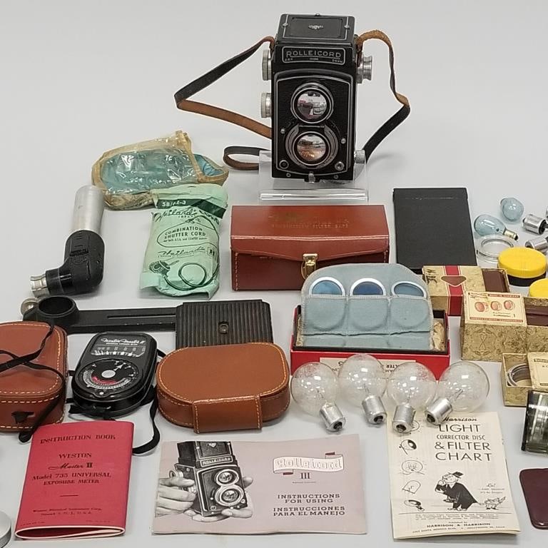 Rolleicord III twin lens reflex camera with assorted misc. accessories incl Weston light meter, (1 of 16)