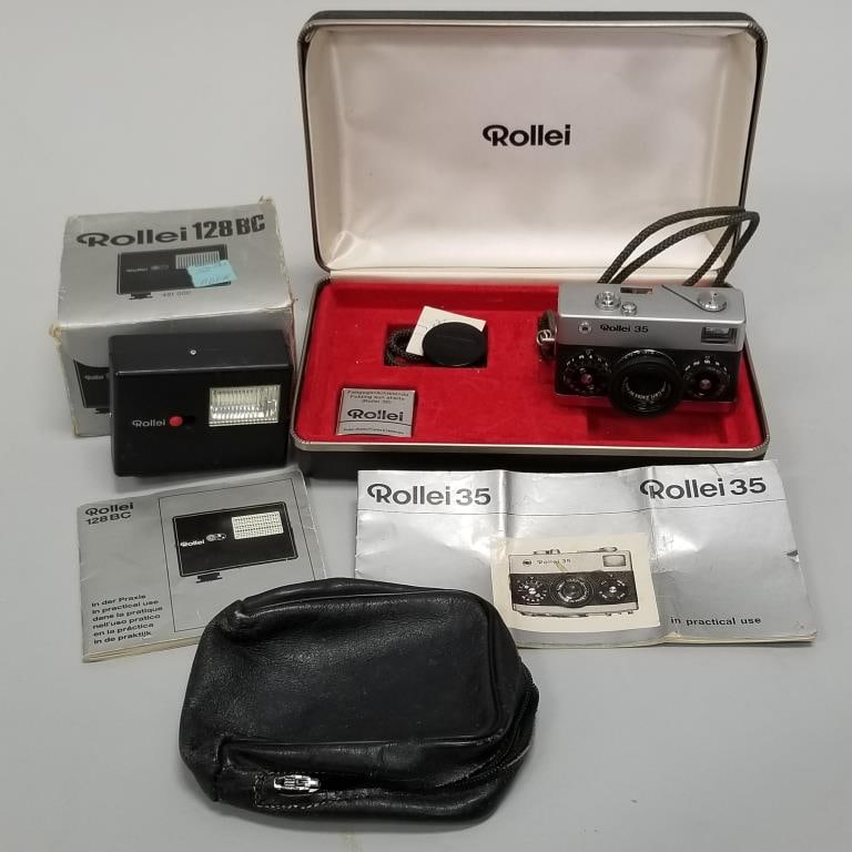 Rollei 35- 35mm camera with accessories, pamphlets, etc. incl flash box- camera 2 1/4"H 4"W 1 7/8"D: Rollei 35- 35mm camera with accessories, pamphlets, etc. incl flash box- camera 2 1/4"H 4"W 1 7/8"D (untested)