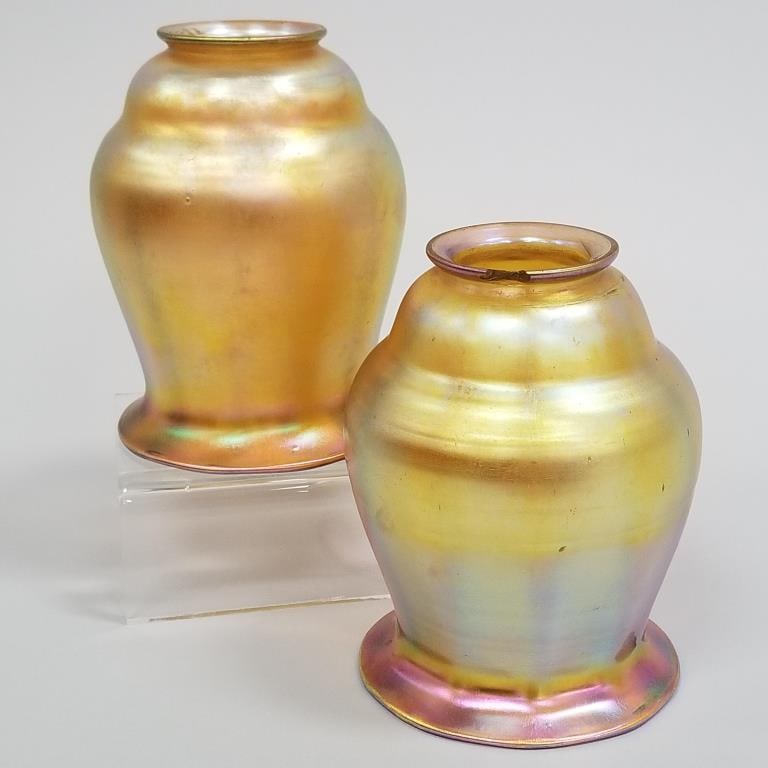 2 Quezal signed gold aurene art glass shades (fitter chips) 5 1/2"H: 2 Quezal signed gold aurene art glass shades (fitter chips) 5 1/2"H