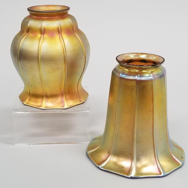2 Steuben signed gold aurene art glass shades- 5"H tallest: 2 Steuben signed gold aurene art glass shades- 5"H tallest