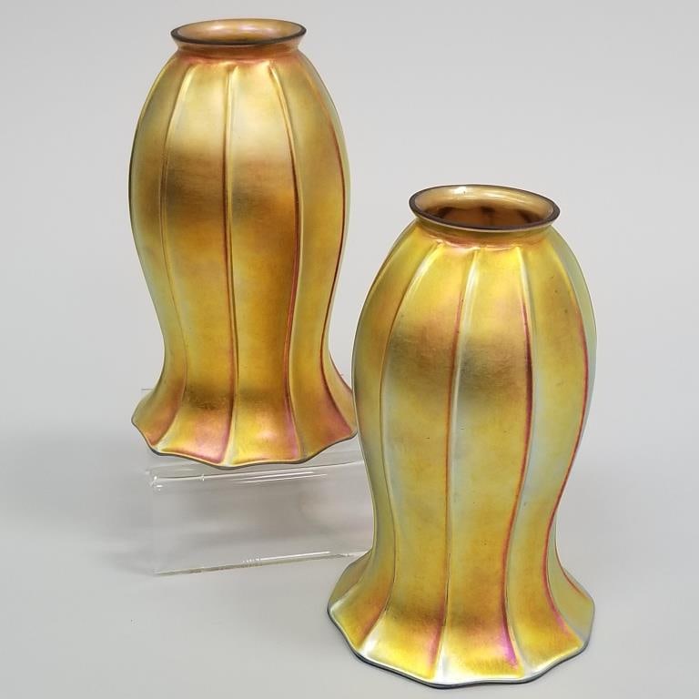 2 large Steuben gold aurene art glass shades (1 signed) 7 1/4"H: 2 large Steuben gold aurene art glass shades (1 signed) 7 1/4"H