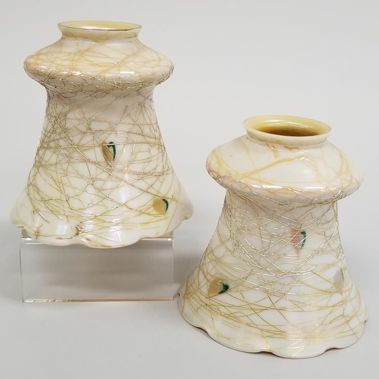 2 threaded hearts & vines art glass shades (unsigned) 5 1/4"H tallest: 2 threaded hearts & vines art glass shades (unsigned) 5 1/4"H tallest